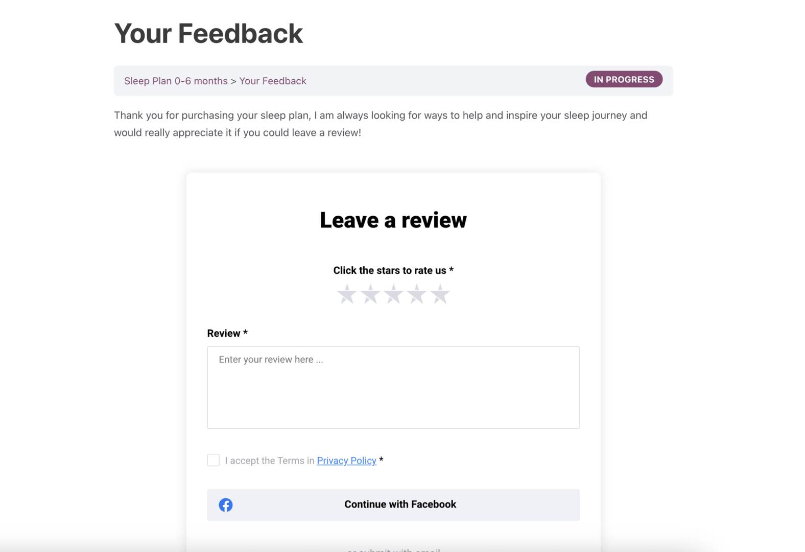 A screenshot of the feedback page on the Sleep Matters with Lucy Wolfe course, giving students a change to leave a review.